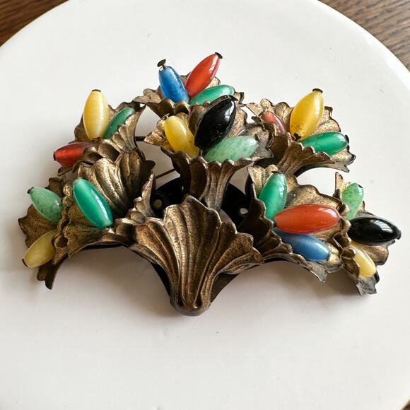 Czech Floral Bouquet Brooch c 20s Vtg Miriam Haskell Style Uranium Glass Beads - Picture 13 of 13